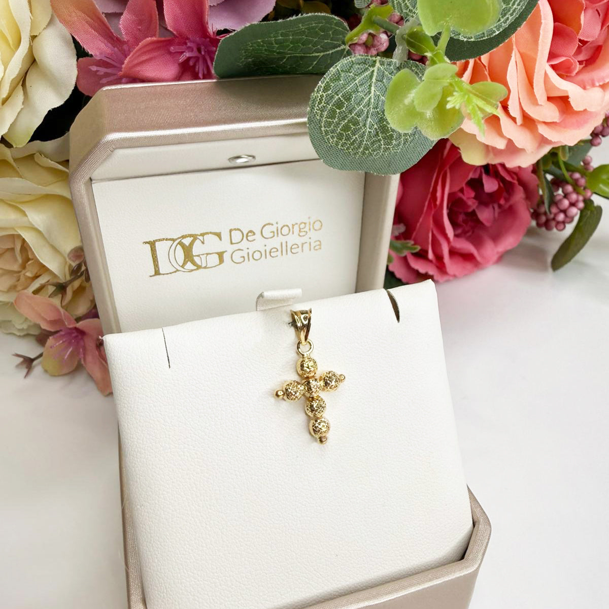 Ciondolo a croce in oro giallo 18KT (750) con sfere diamantate unisex