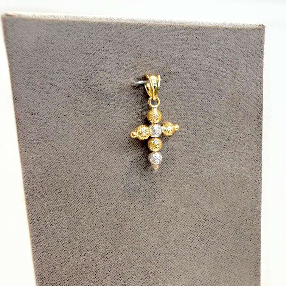 Ciondolo a croce in oro giallo e bianco 18KT (750) con sfere diamantate unisex