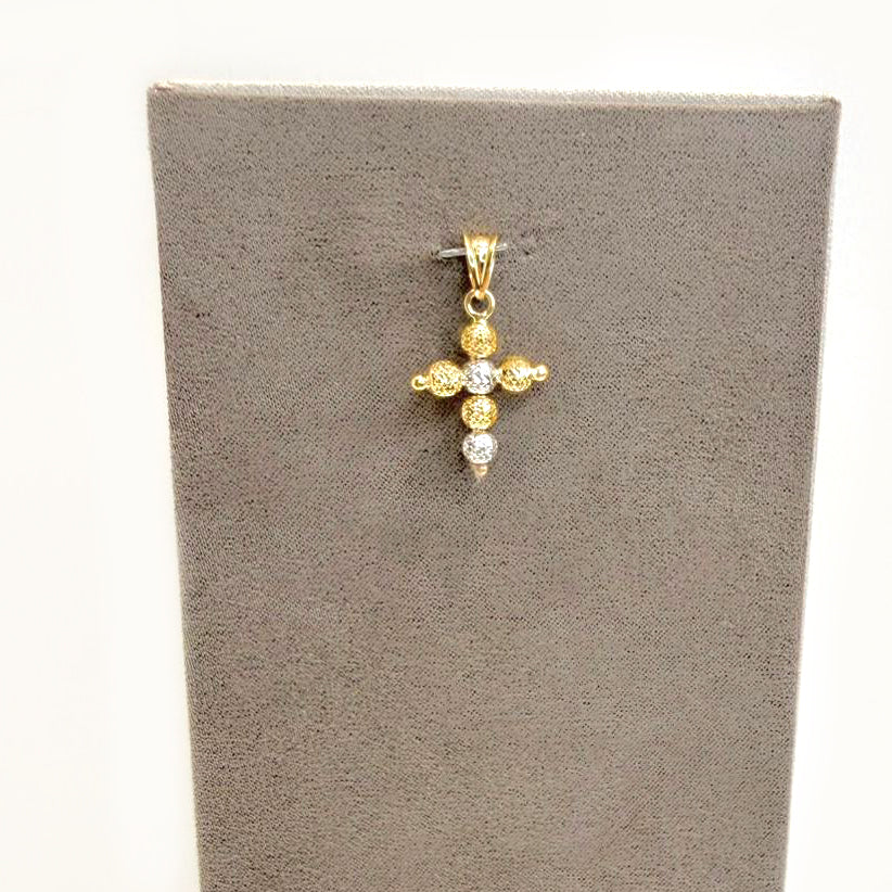 Ciondolo a croce in oro giallo e bianco 18KT (750) con sfere diamantate unisex