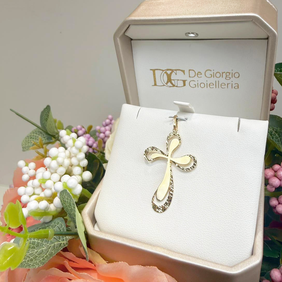 Ciondolo croce da donna in oro giallo 18 Kt (750) con lavorazione diamantata