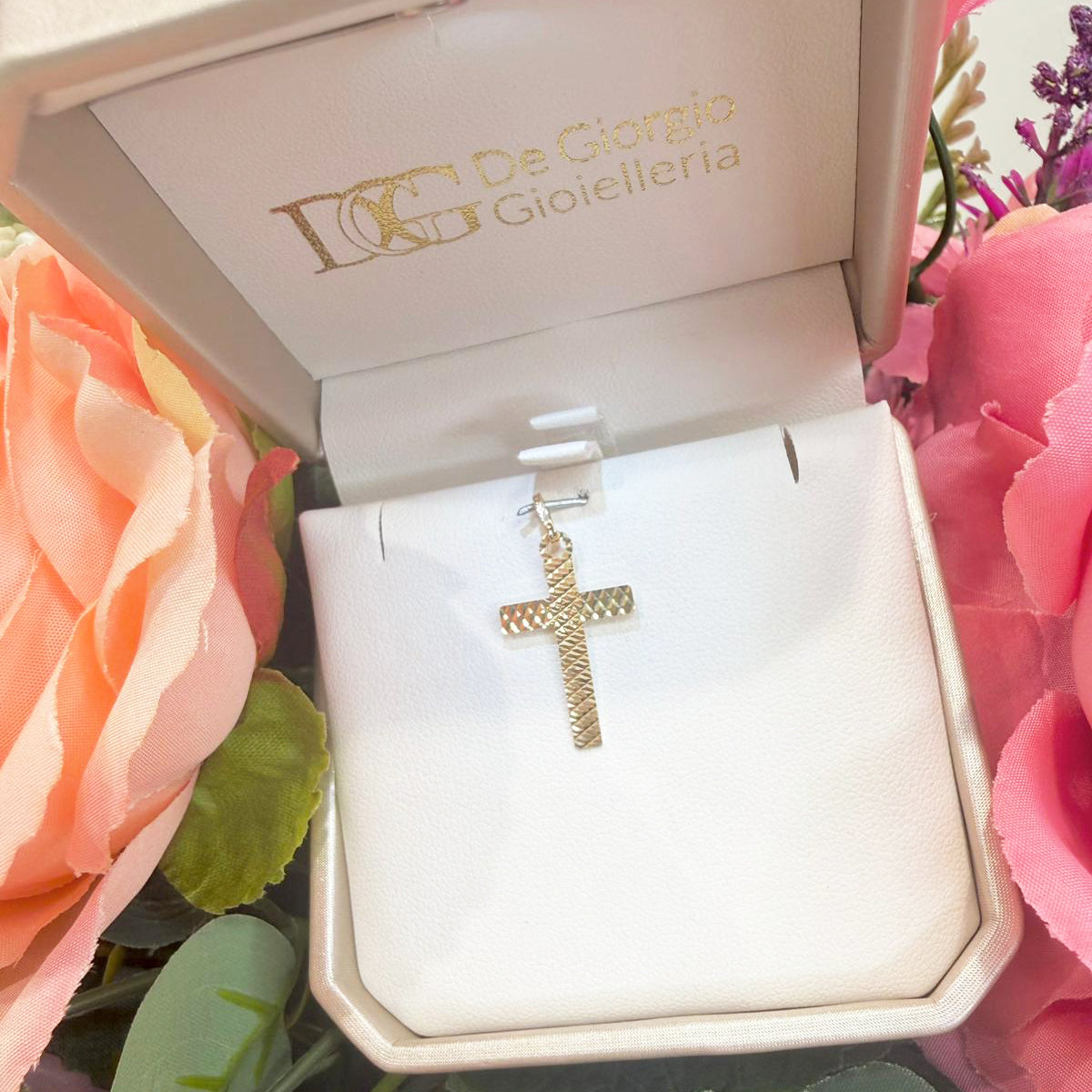 Ciondolo croce unisex in oro giallo (750) con lavorazione diamantata