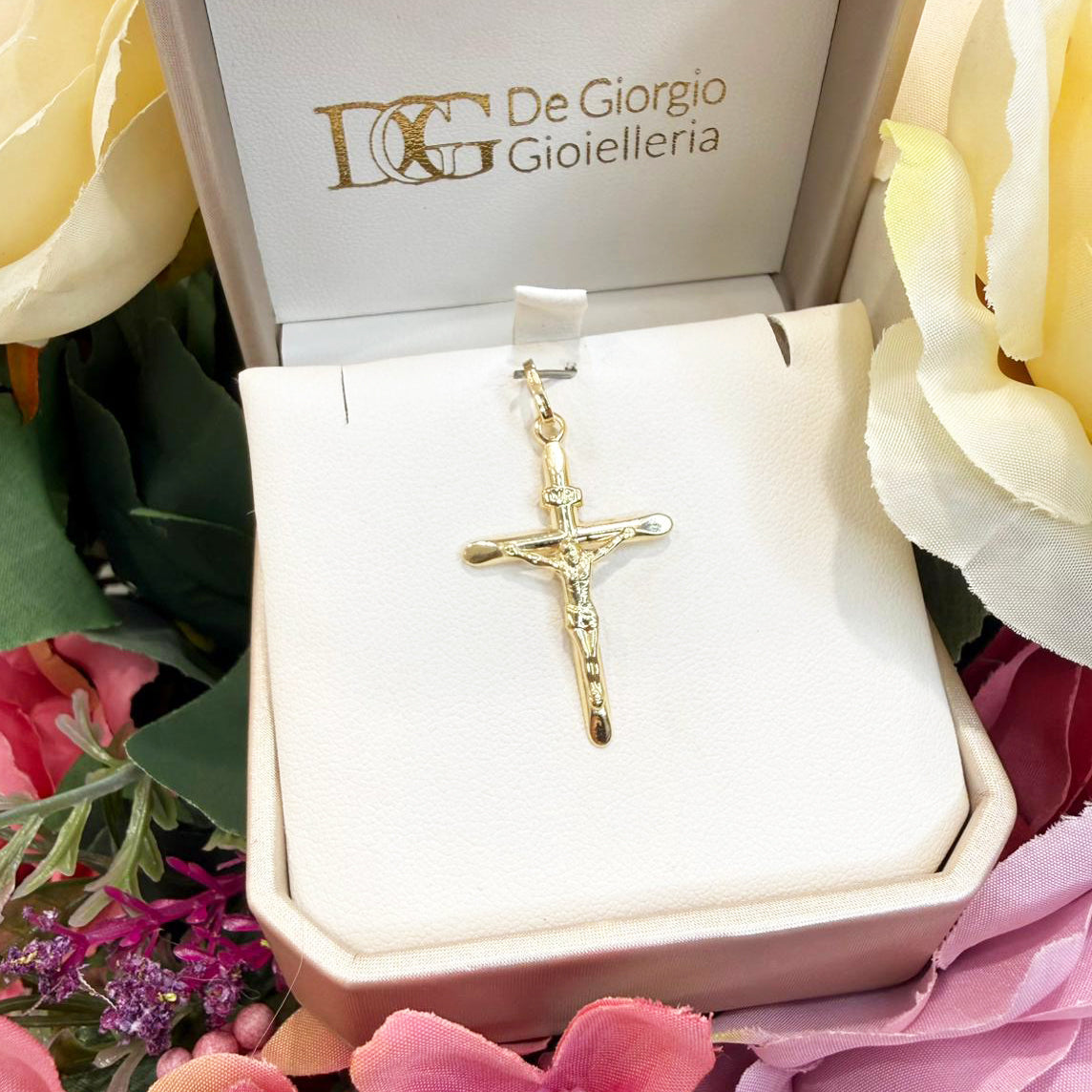 Ciondolo croce con Cristo da uomo in oro giallo (750)