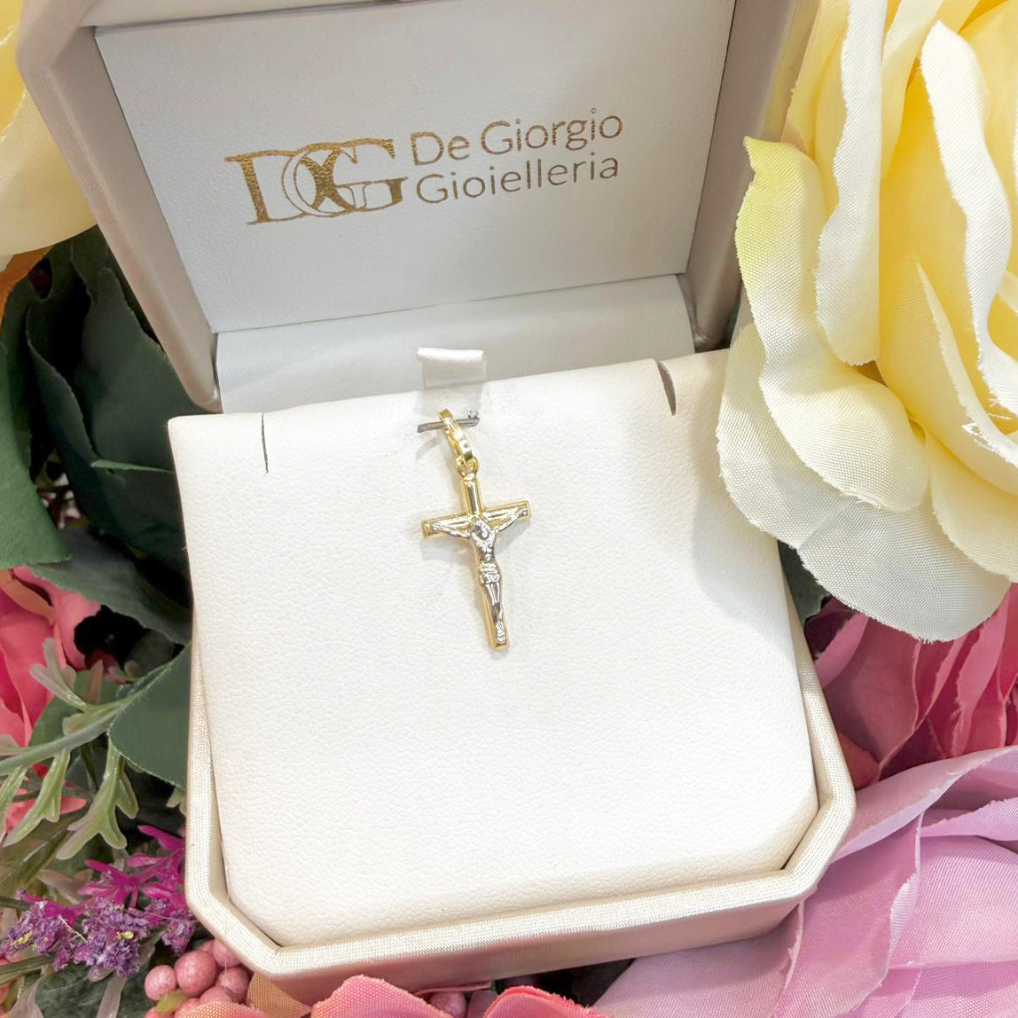 Ciondolo croce con Cristo da uomo in oro giallo e oro bianco (750)