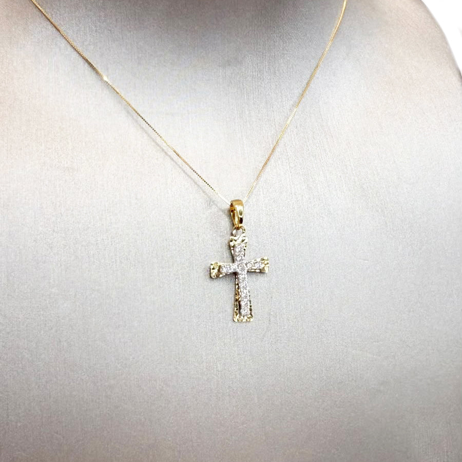 Croce bicolore con zirconi in oro giallo 18 KT (750)