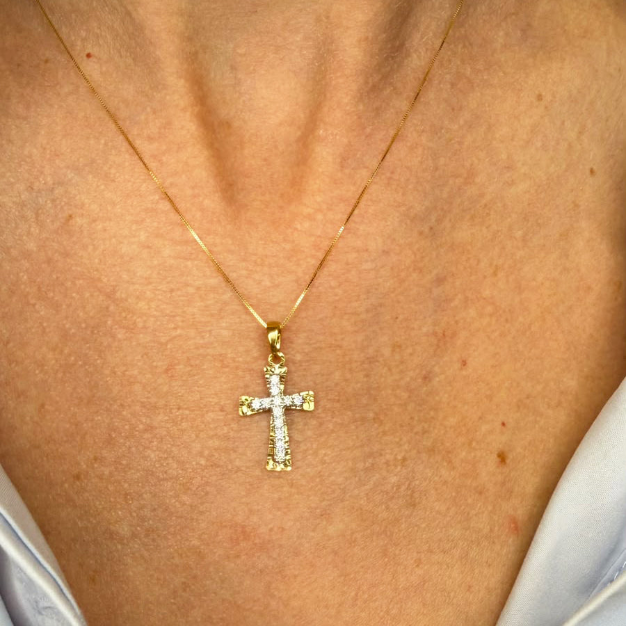 Croce bicolore con zirconi in oro giallo 18 KT (750)
