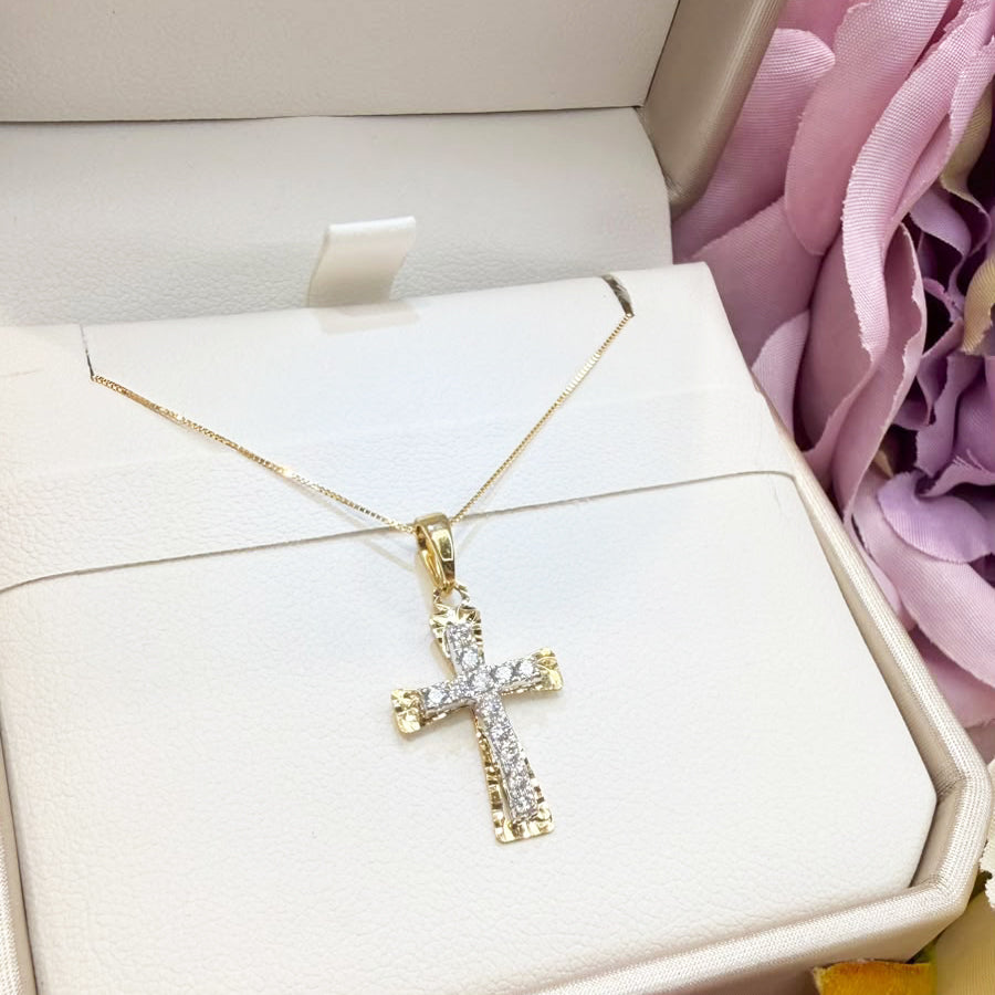 Croce bicolore con zirconi in oro giallo 18 KT (750)