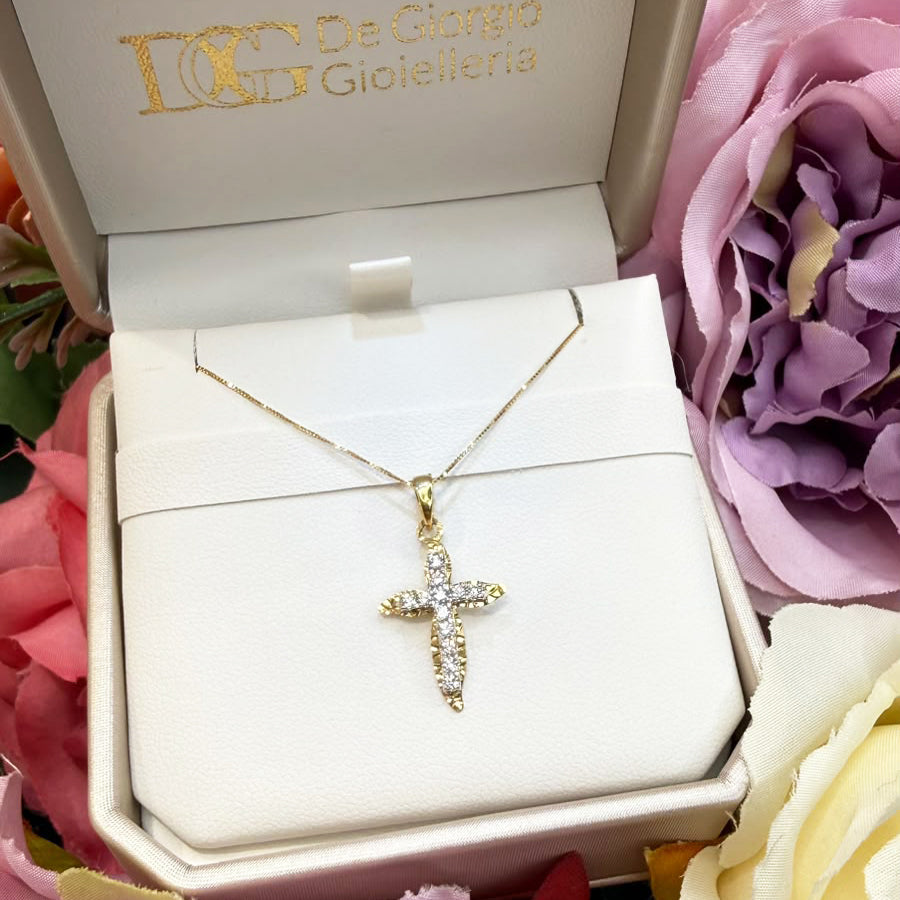 Croce bicolore con zirconi in oro giallo 18 KT (750)