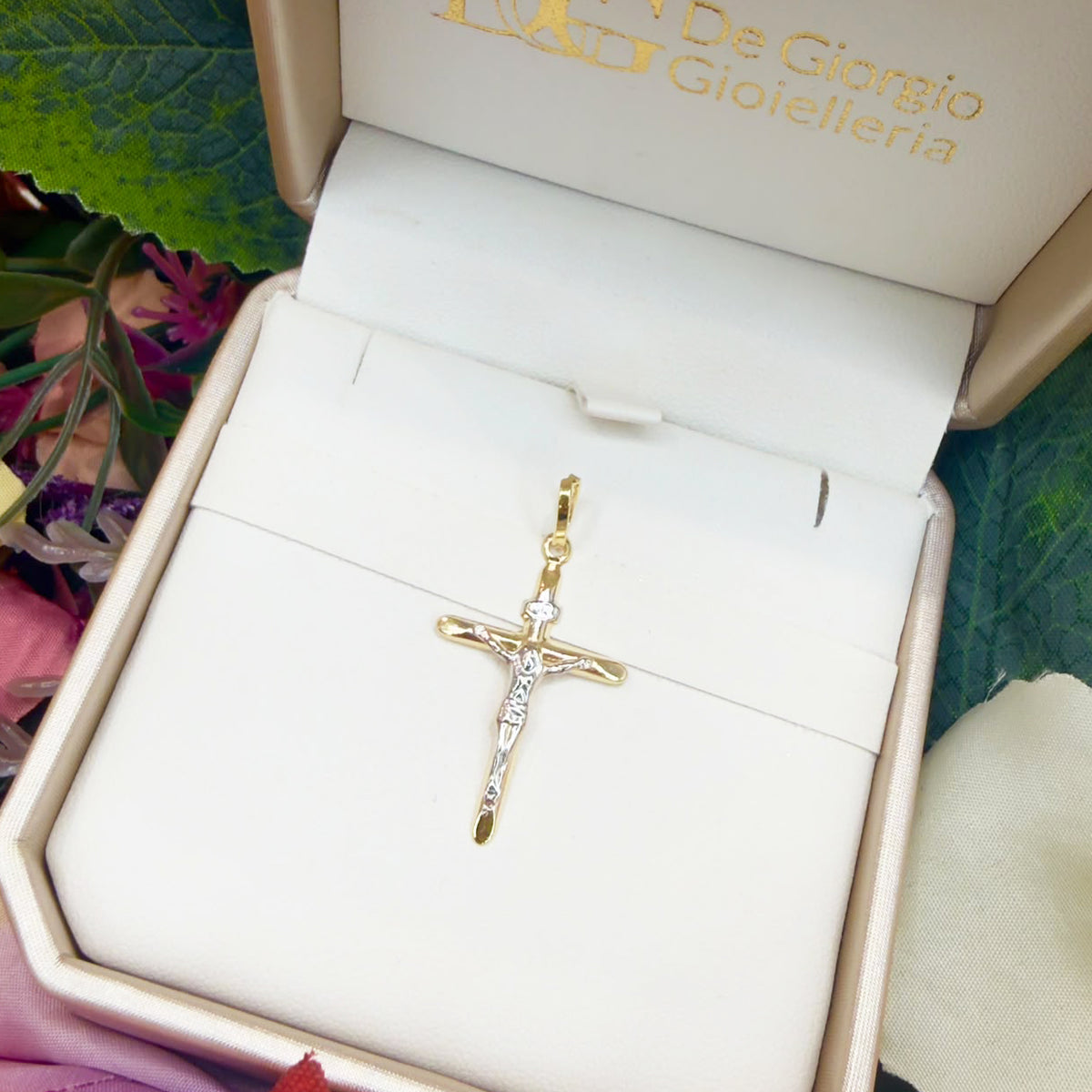 CROCIFISSO UOMO IN ORO GIALLO E BIANCO 18 KT (750)