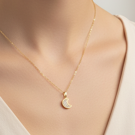 Collana con ciondolo luna e zirconi in oro giallo 18KT (750) – Made in Italy