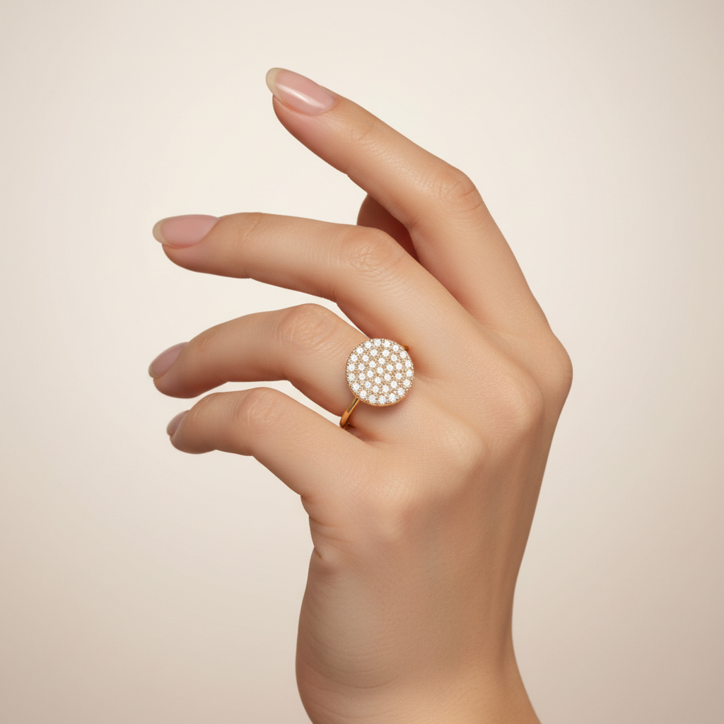 Anello tondo pavé in oro giallo 18KT (750) con zirconi bianchi – Made in Italy