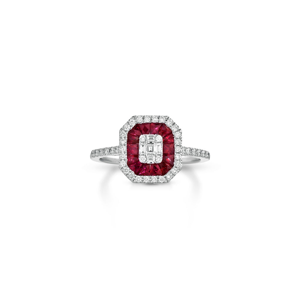 ANELLO IN ORO BIANCO 18KT DIAMANTI, BAGUETTE E RUBINI