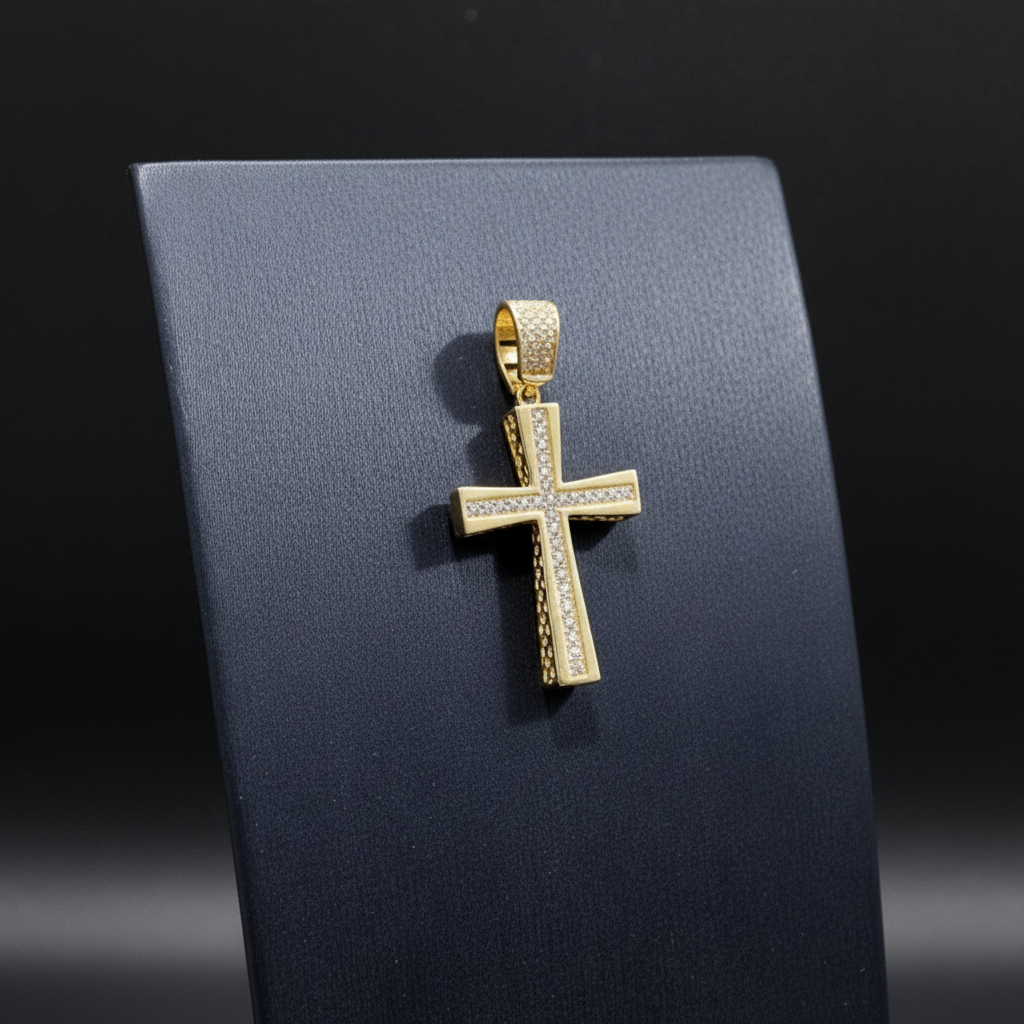 Ciondolo croce pavé di zirconi in oro giallo 18KT (750) – Made in Italy
