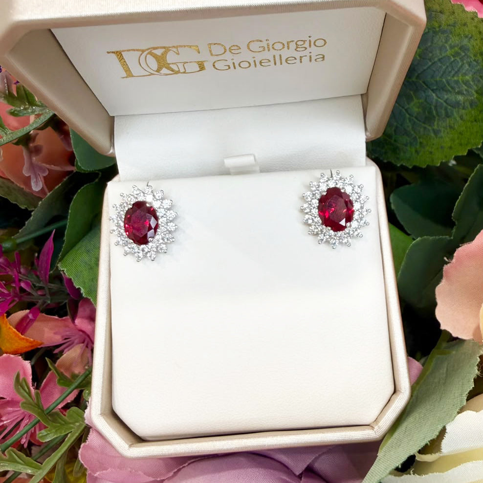 ORECCHINI IN ORO BIANCO 18 KT (750) CON PIETRA ROSSA E ZIRCONI