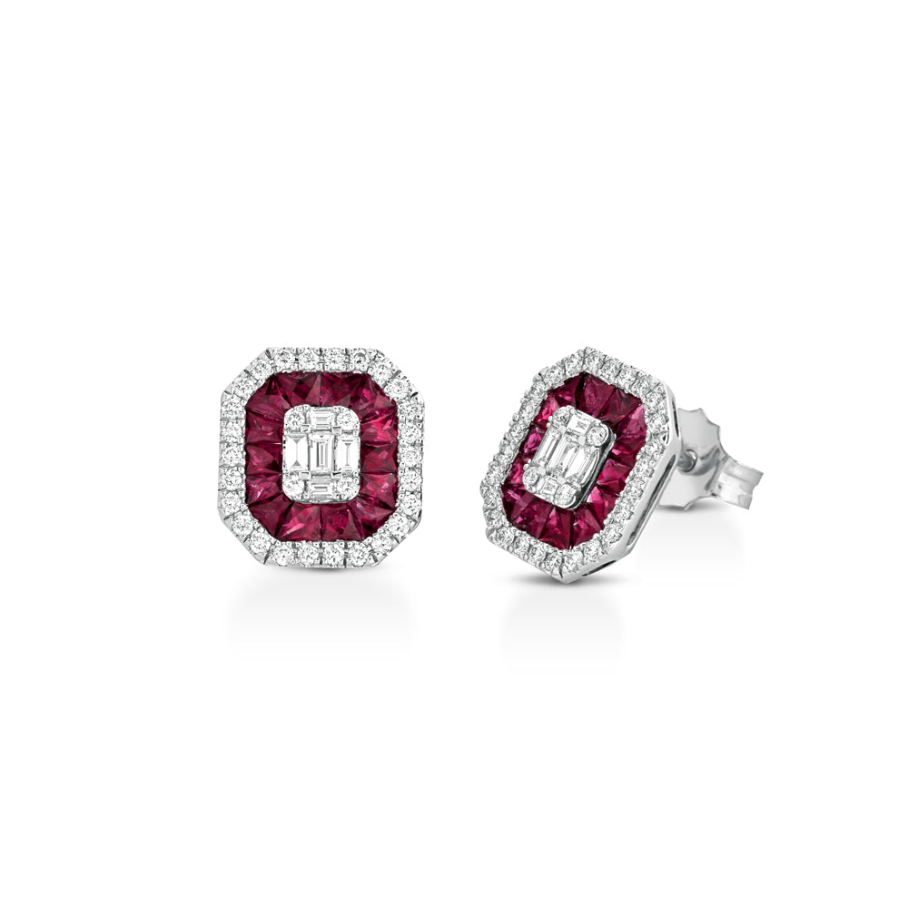 ORECCHINI IN ORO BIANCO 18KT DIAMANTI, BAGUETTE E RUBINI