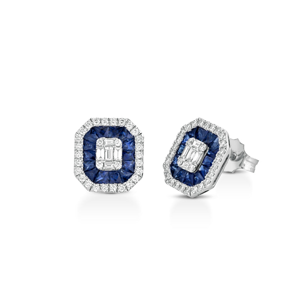 ORECCHINI IN ORO BIANCO 18KT DIAMANTI, BAGUETTE E ZAFFIRI