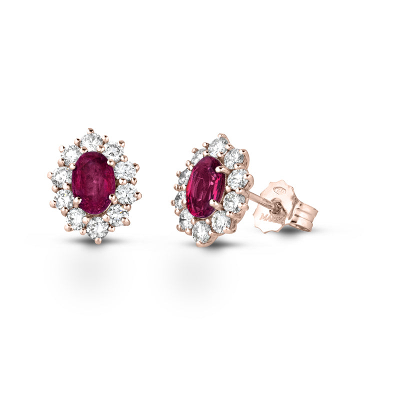 ORECCHINI OVALI IN ORO ROSA 18 CARATI CON DIAMANTI E RUBINI
