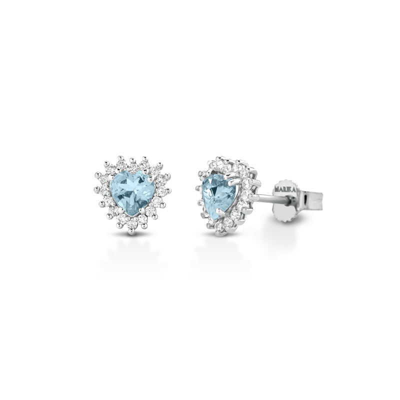 ORECCHINI CUORE IN ORO BIANCO 18KT, DIAMANTI E ACQUAMARINA