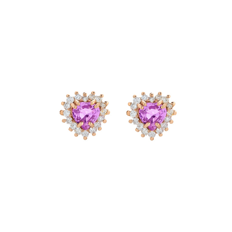 ORECCHINI CUORE IN ORO ROSA 18KT CON DIAMANTI E ZAFFIRI ROSA