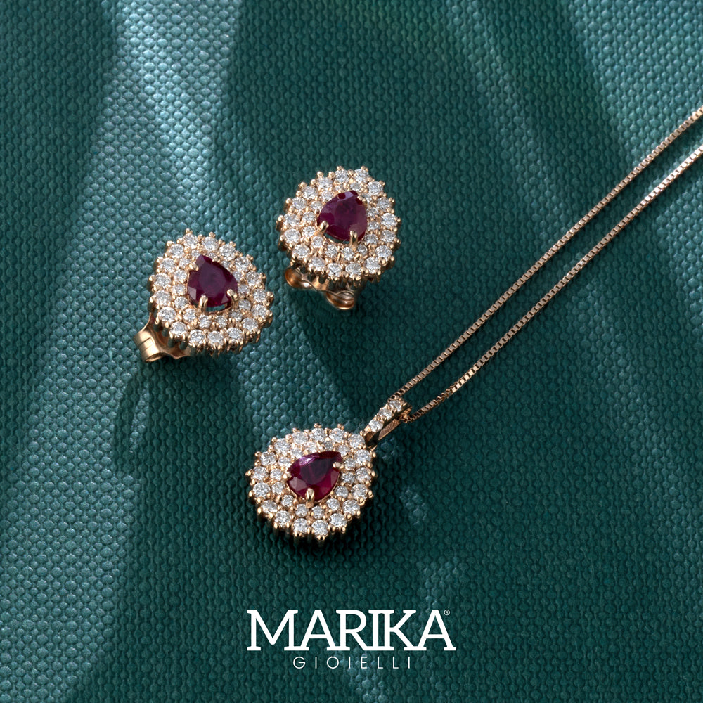 ORECCHINI GOCCIA IN ORO ROSA 18 CARATI CON DIAMANTI E RUBINI