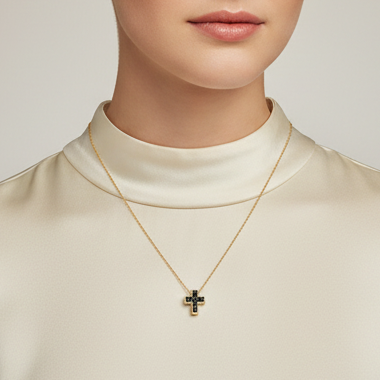 Collana con croce e zirconi neri in oro giallo 18KT (750) – Made in Italy