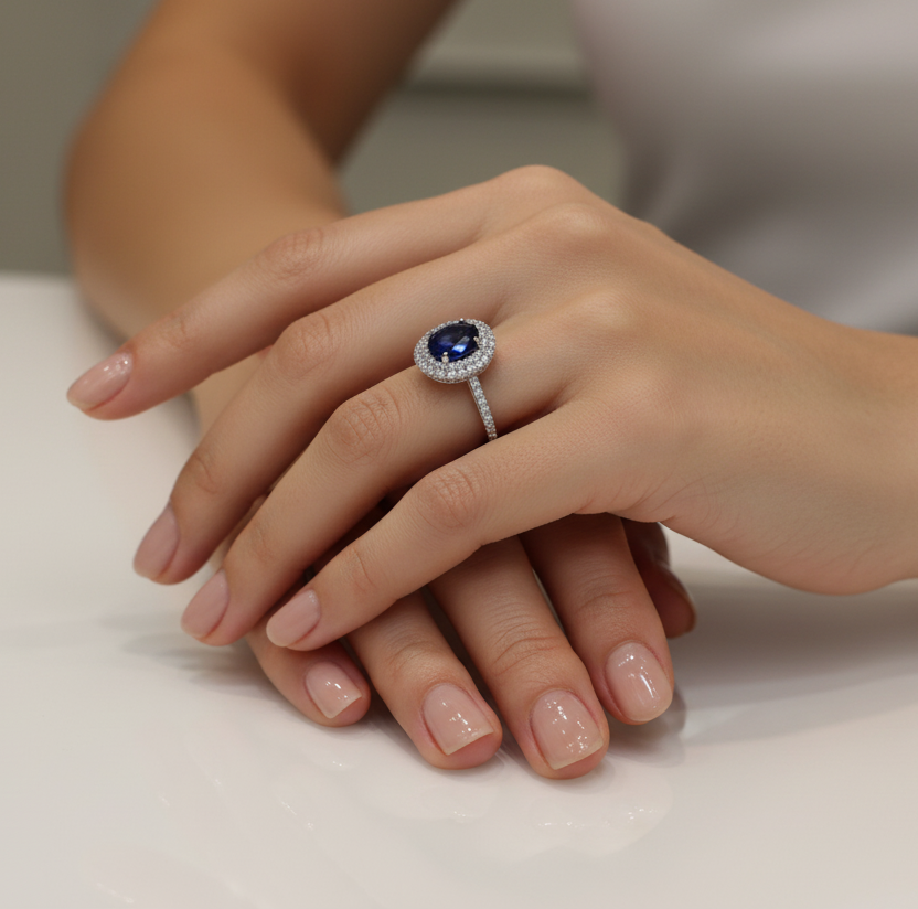 Anello con pietra blu ovale e zirconi in oro bianco 18KT (750) – Made in Italy