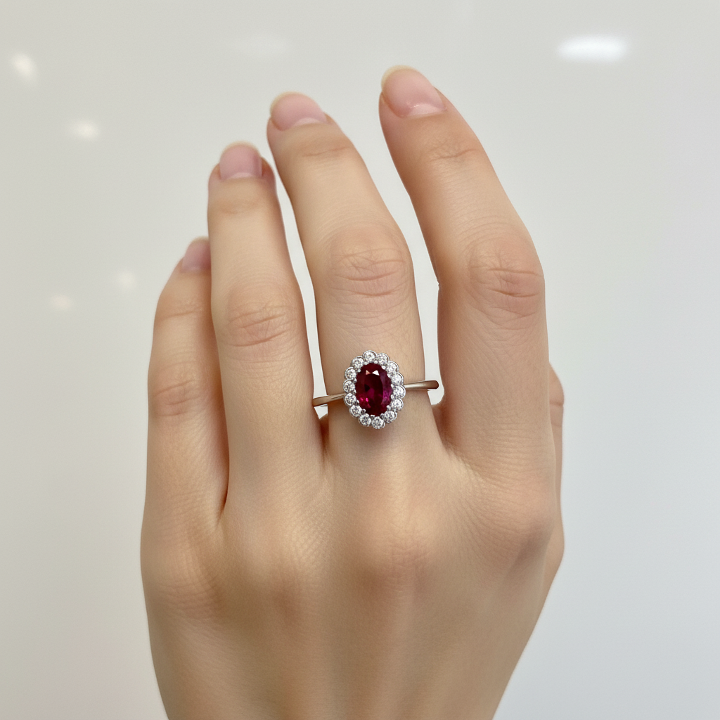 Anello con pietra rossa ovale e zirconi in oro bianco 18KT (750) – Made in Italy