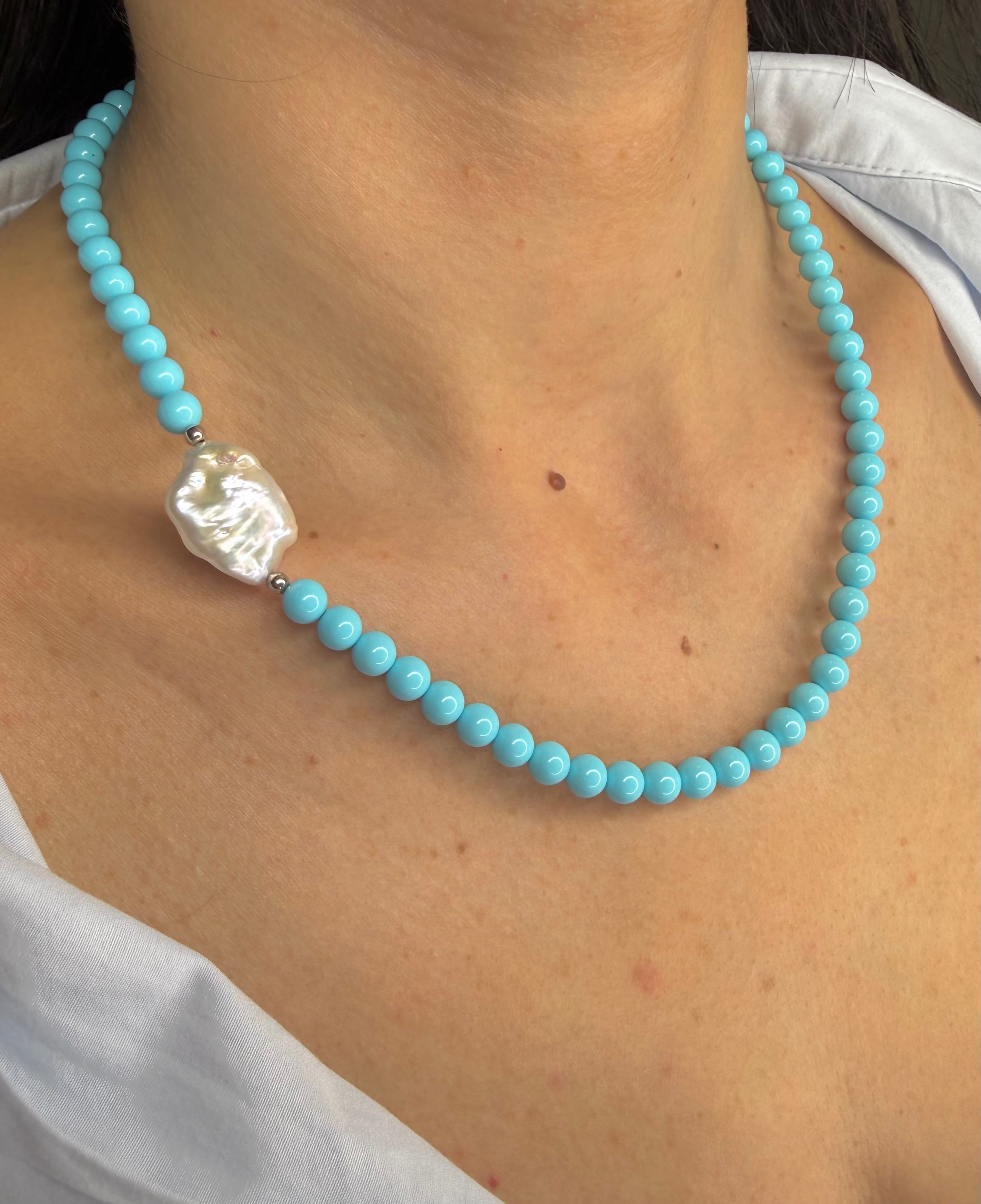 COLLANA CON PASTA DI TURCHESE E PERLA BAROCCA IN ARGENTO 925