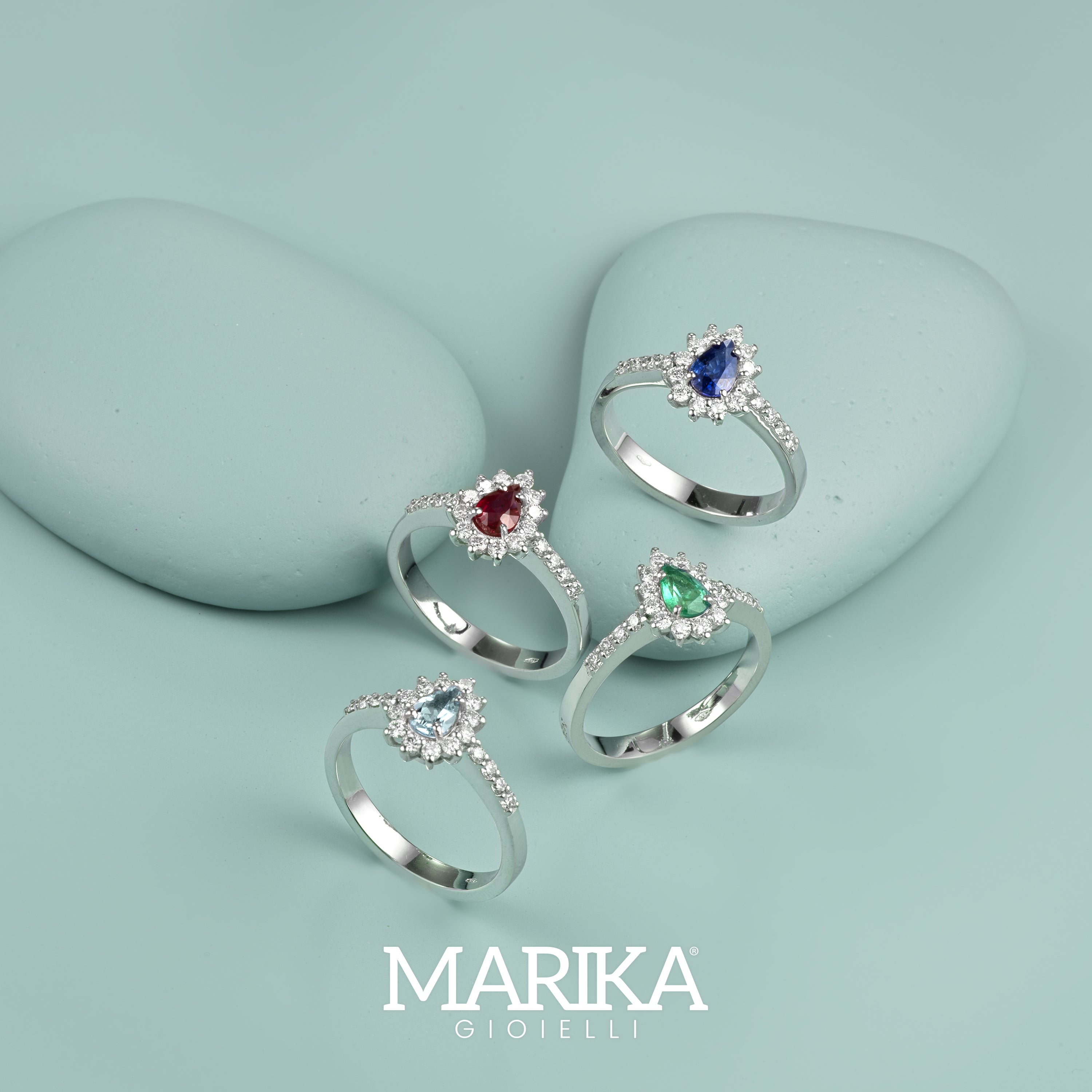 ANELLO GOCCIA IN ORO BIANCO 18KT CON DIAMANTI E ACQUAMARINA