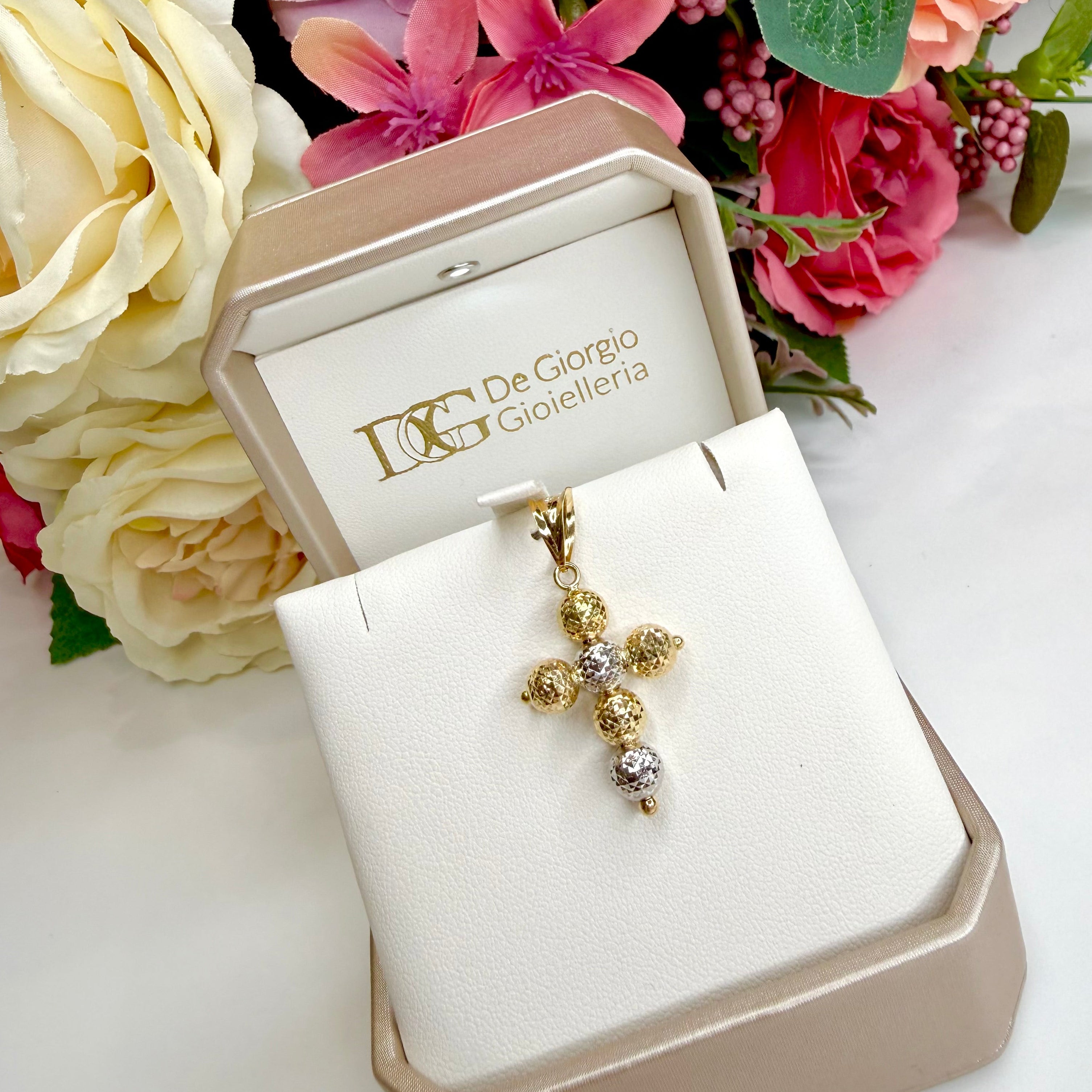 Ciondolo a croce in oro giallo e bianco 18KT (750) con sfere diamantate unisex