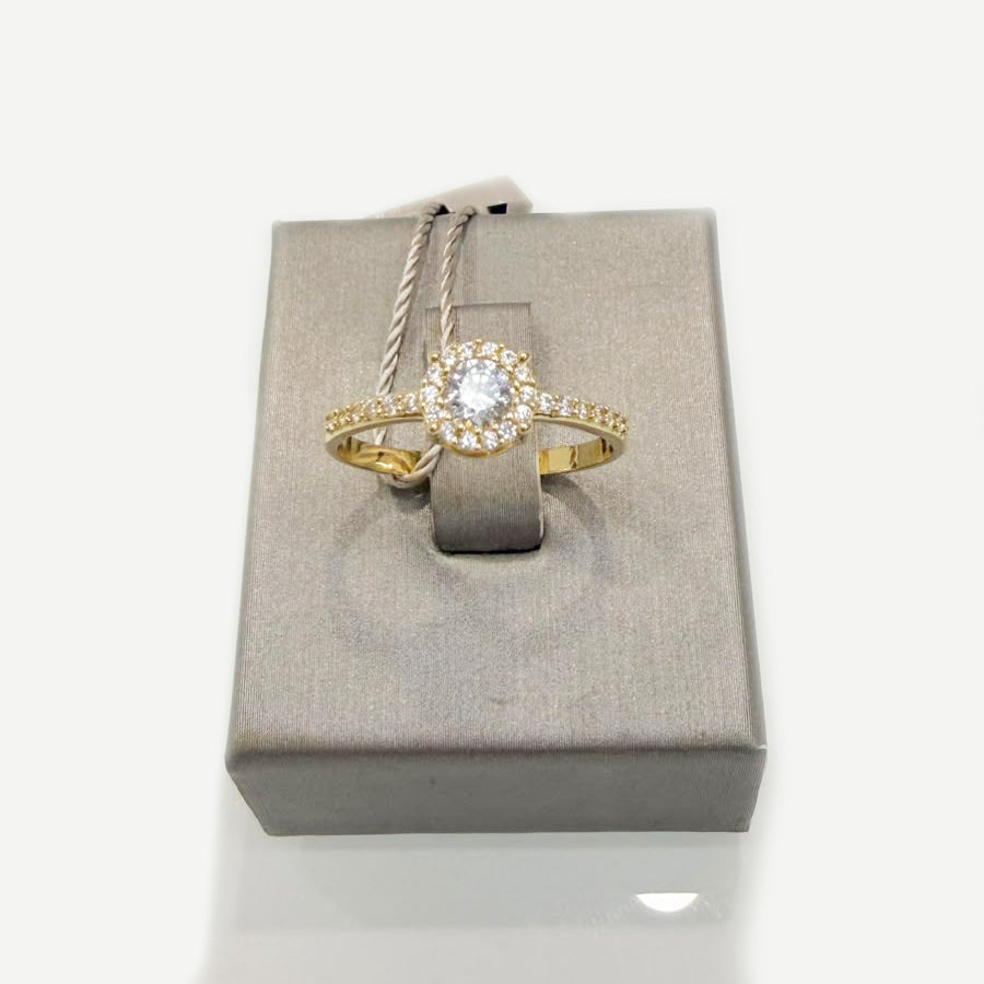 Anello Solitario Halo in Oro Giallo 18 KT con Zirconi