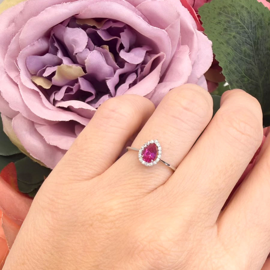 Anello Goccia in Oro Bianco 18 KT con Zircone Rosa e Zirconi