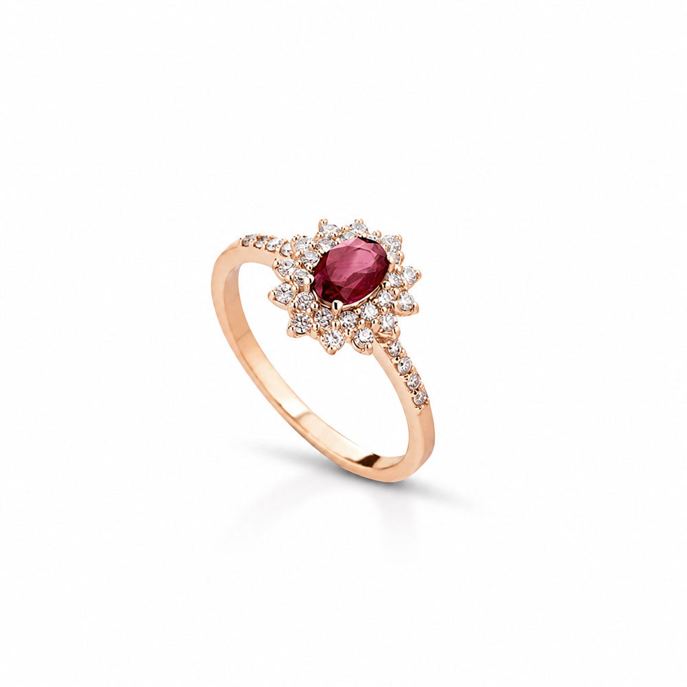 ANELLO IN ORO ROSA 18 CARATI CON DIAMANTI E RUBINO