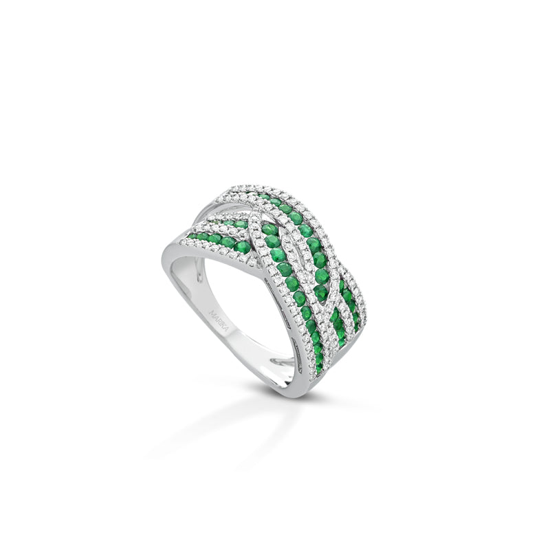 ANELLO FASCIA IN ORO BIANCO 18 KT DIAMANTI E SMERALDI