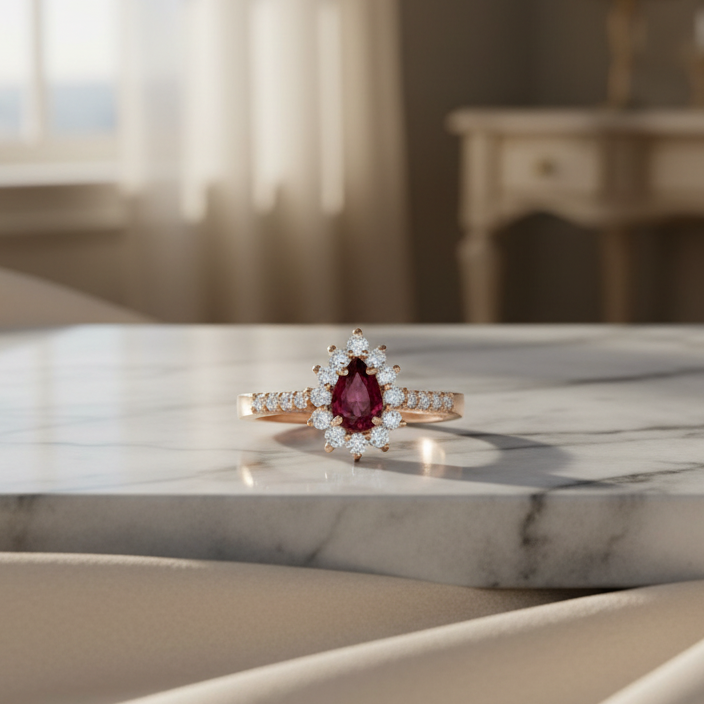 ANELLO GOCCIA IN ORO ROSA 18 CARATI CON DIAMANTI E RUBINO