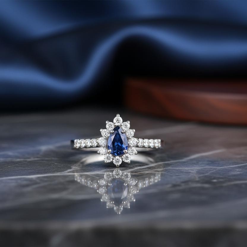 ANELLO GOCCIA IN ORO BIANCO 18KT CON DIAMANTI E ZAFFIRO