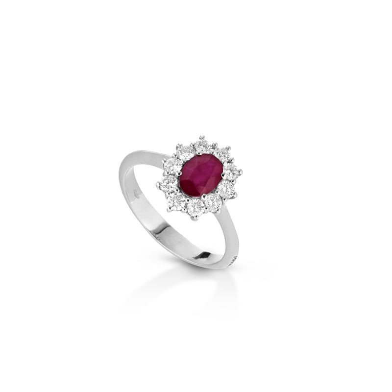 ANELLO IN ORO BIANCO 18 CARATI CON DIAMANTI E RUBINO