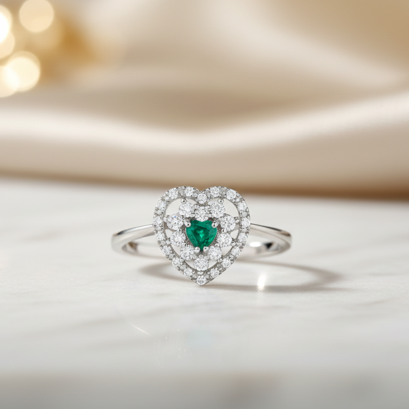 ANELLO CUORE IN ORO BIANCO 18 CARATI CON DIAMANTI E SMERALDO