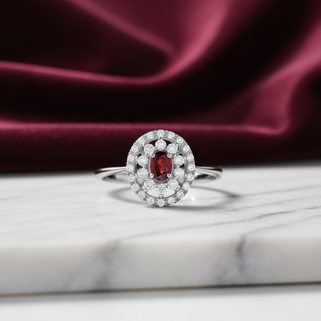 ANELLO IN ORO BIANCO 18 CARATI CON DIAMANTI E RUBINO