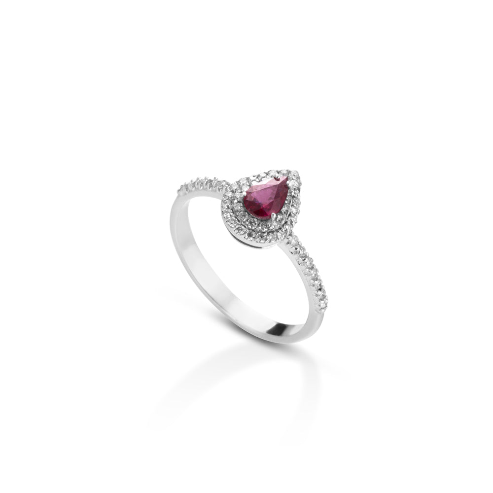 ANELLO GOCCIA IN ORO BIANCO 18KT CON DIAMANTI E RUBINO