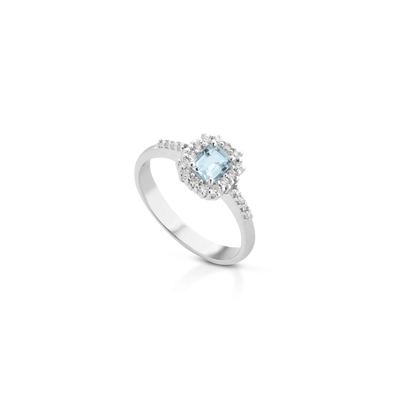 ANELLO IN ORO BIANCO 18 CARATI CON DIAMANTI E ACQUAMARINA