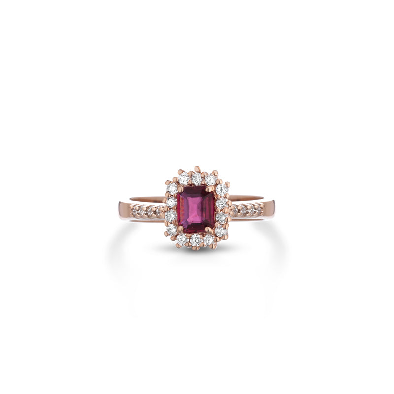 ANELLO IN ORO ROSA 18 CARATI CON DIAMANTI E RUBINO
