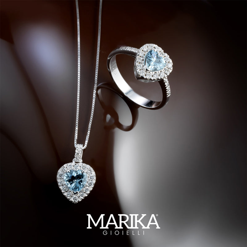 ANELLO CUORE IN ORO BIANCO 18KT CON DIAMANTI E ACQUAMARINA