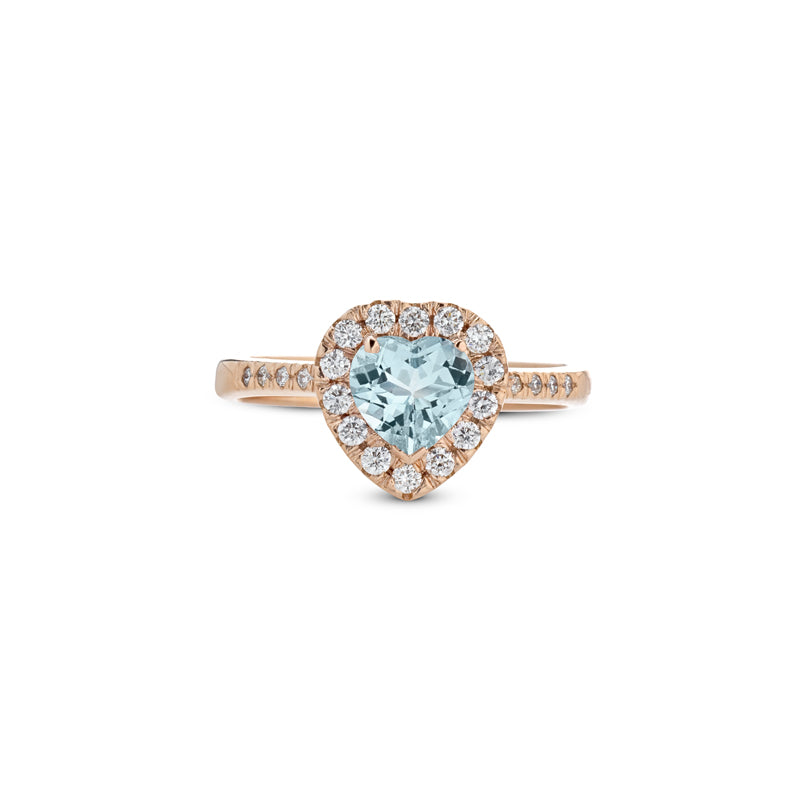 ANELLO CUORE IN ORO ROSA 18KT CON DIAMANTI E ACQUAMARINA