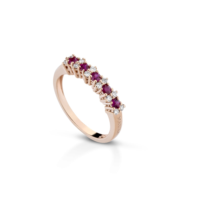 ANELLO VERETTA IN ORO ROSA 18 CARATI CON DIAMANTI E RUBINI