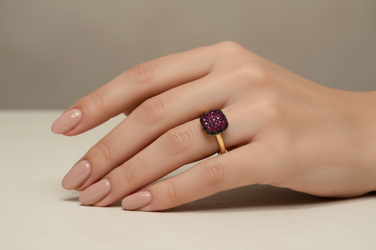 Anello con pavé di zirconi rossi in oro giallo 18KT (750) – Made in Italy