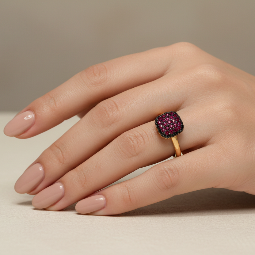 Anello con pavé di zirconi rossi in oro giallo 18KT (750) – Made in Italy