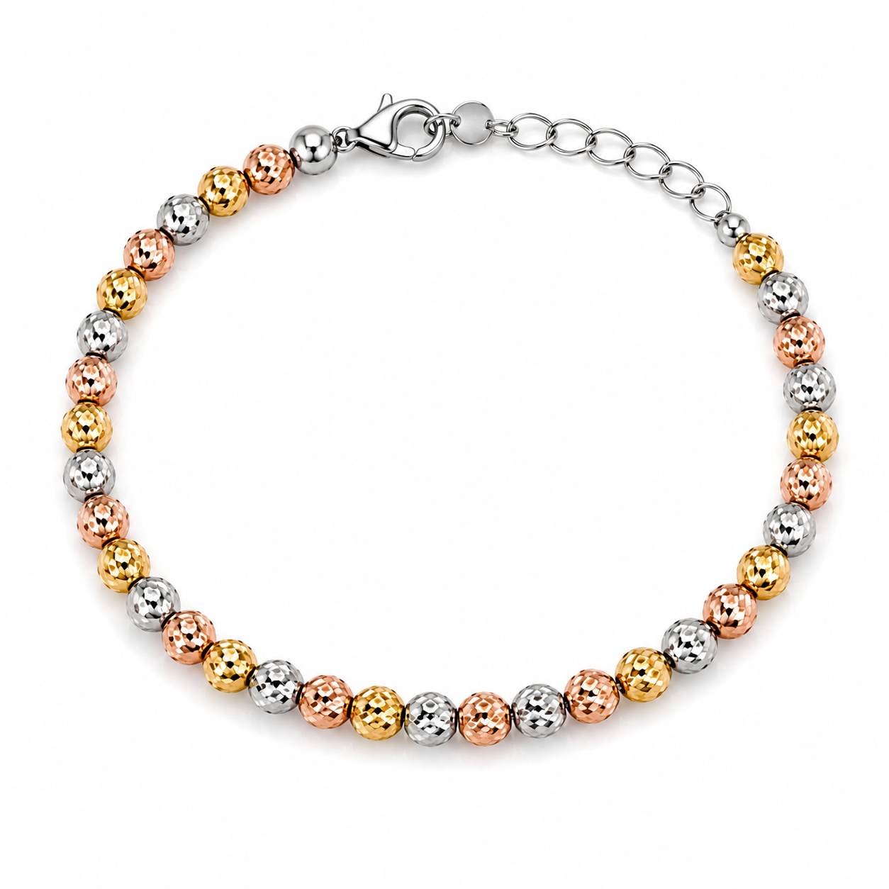 BRACCIALE TRICOLORE CON SFERE DIAMANTATE GIALLO BIANCO E ROSÉ IN ARGENTO 925