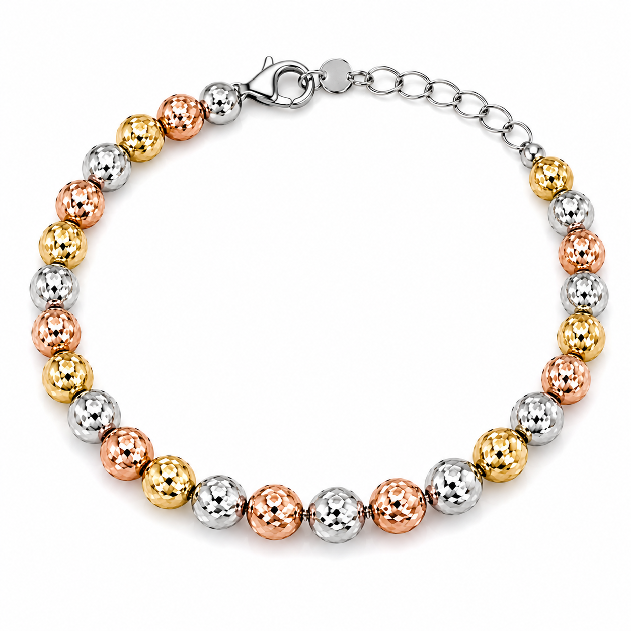 BRACCIALE TRICOLORE CON SFERE DIAMANTATE GIALLO BIANCO E ROSÉ IN ARGENTO 925