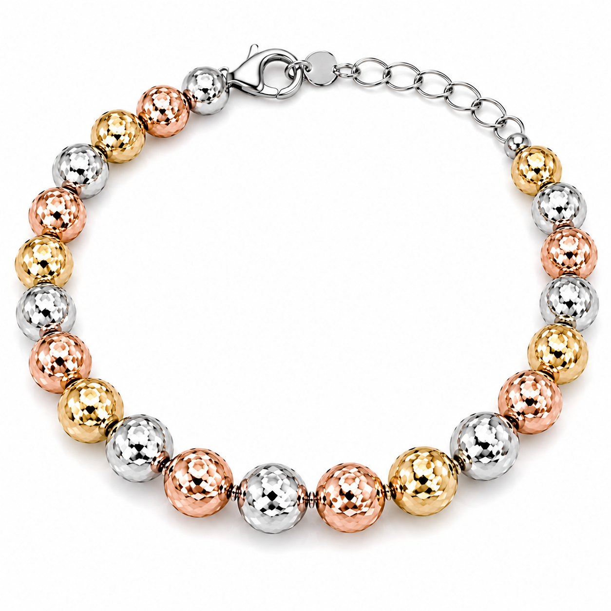 BRACCIALE TRICOLORE CON SFERE DIAMANTATE GIALLO BIANCO E ROSÉ IN ARGENTO 925