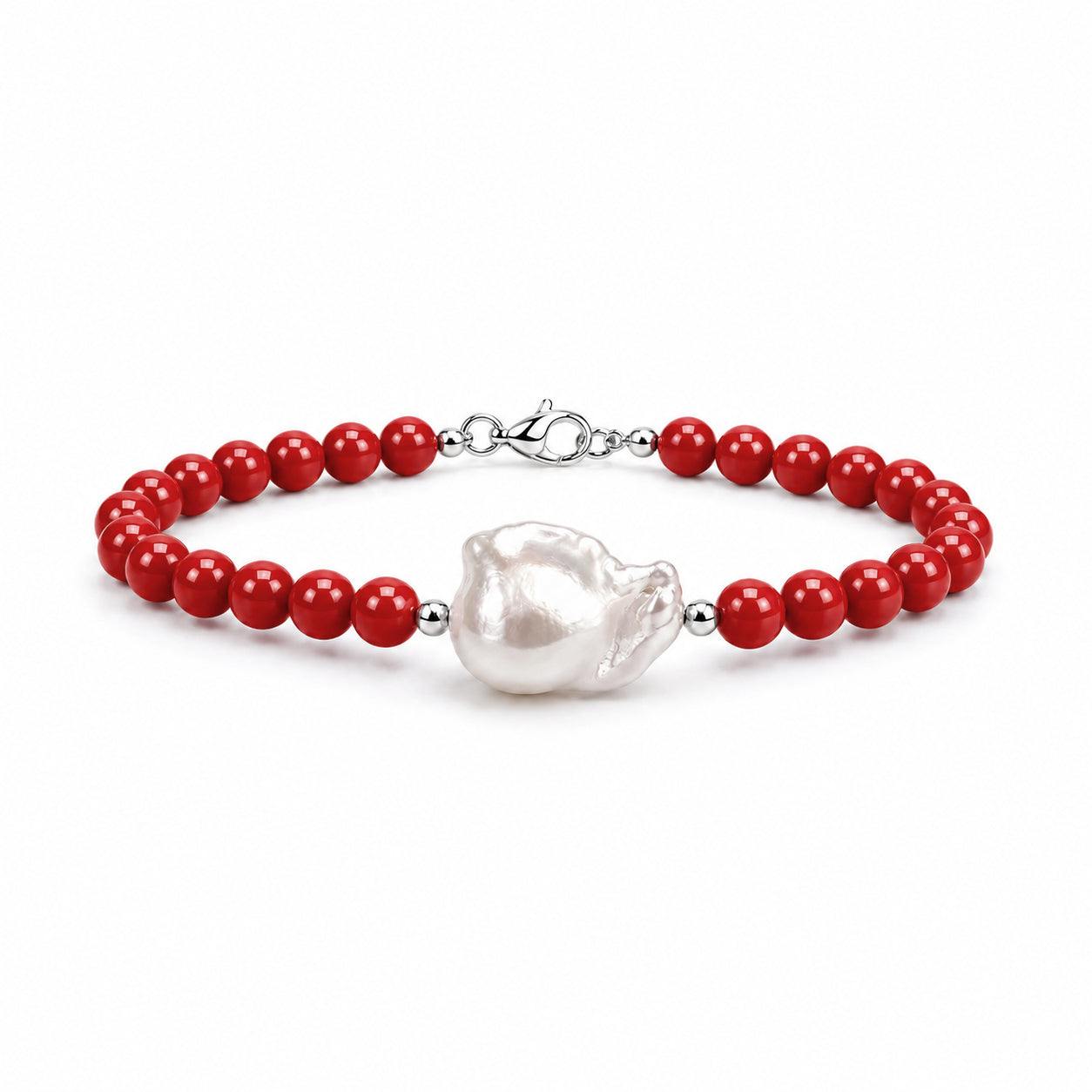 BRACCIALE PASTA DI CORALLO ROSSO E PERLA BAROCCA IN ARGENTO